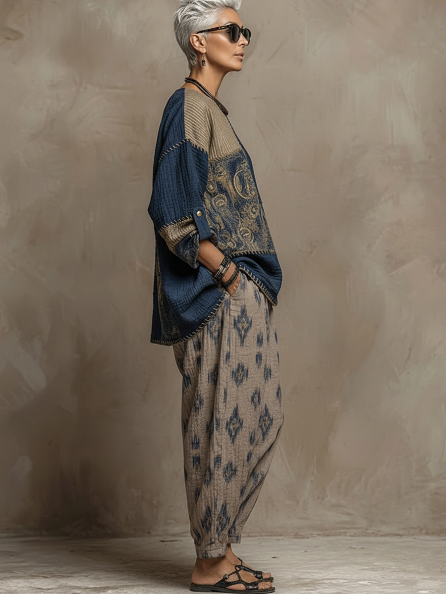Boho Paisley-Muster Leinen- und Baumwoll-Zweiteiler: Oberteil und Hose