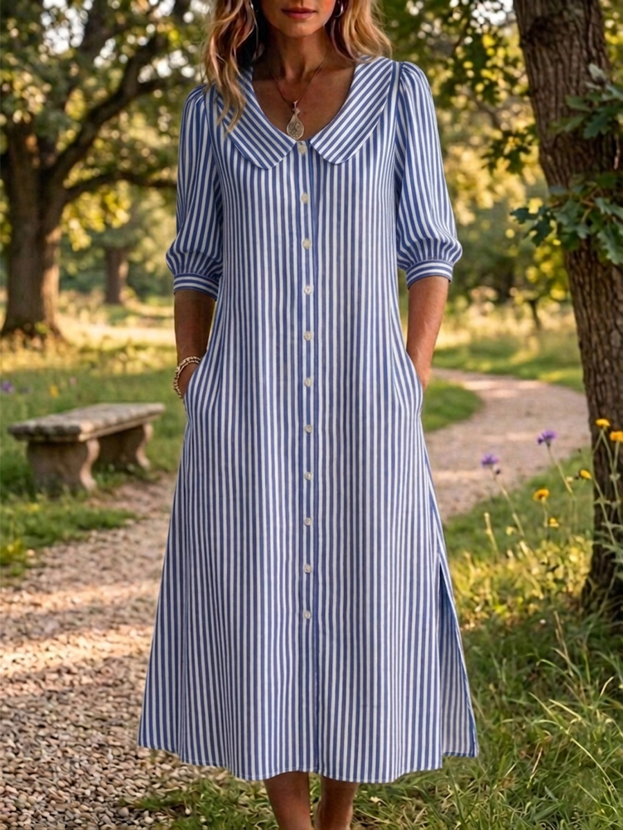 New Arrivals🔥Women's Peter Pan Collar Classic Stripe Print Cotton Linen Dress