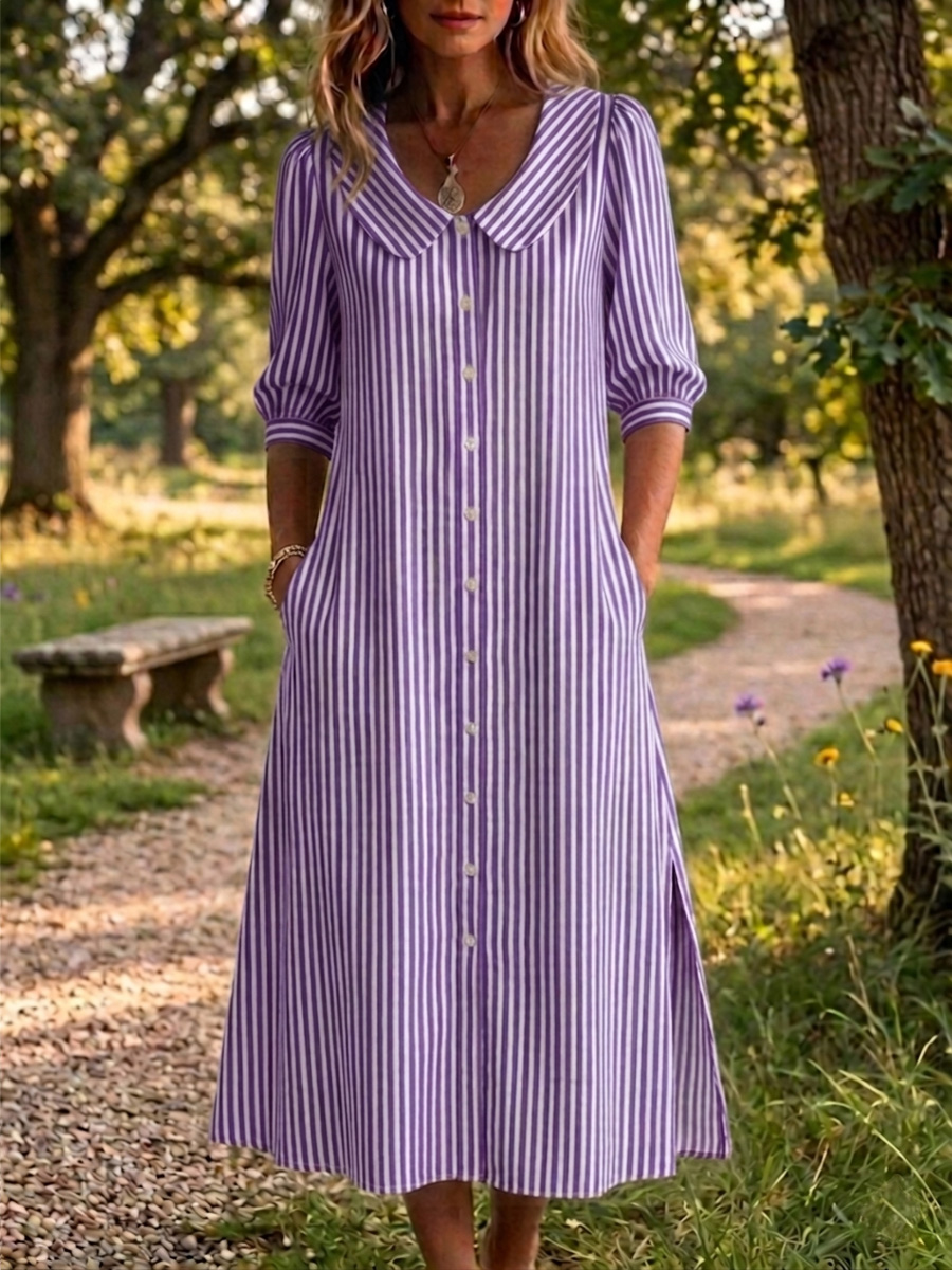 New Arrivals🔥Women's Peter Pan Collar Classic Stripe Print Cotton Linen Dress