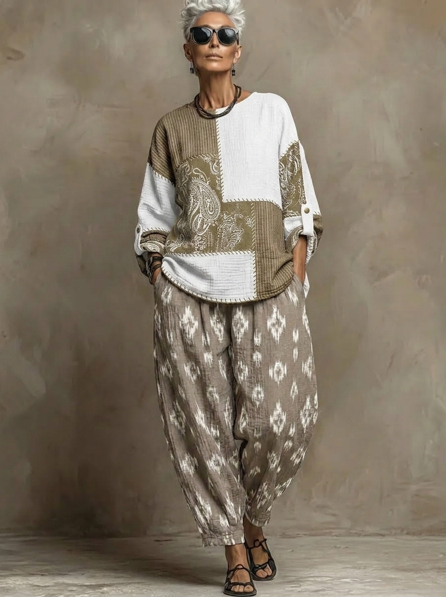 Boho Paisley-Muster Leinen- und Baumwoll-Zweiteiler: Oberteil und Hose