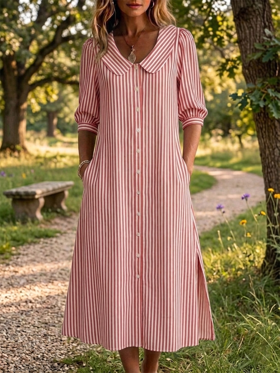 New Arrivals🔥Women's Peter Pan Collar Classic Stripe Print Cotton Linen Dress