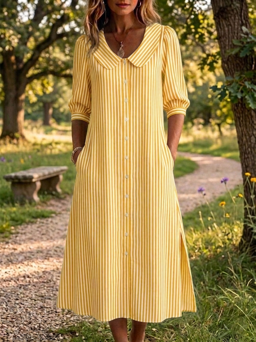 New Arrivals🔥Women's Peter Pan Collar Classic Stripe Print Cotton Linen Dress