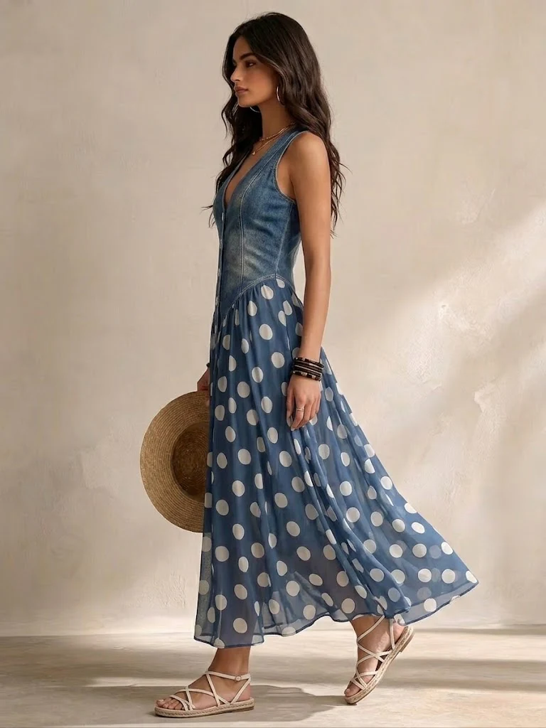 Retro-Maxikleid „Sienna“: Elegantes Denim-Optik Kleid mit Polka-Dot-Chiffonrock & Knopfleiste