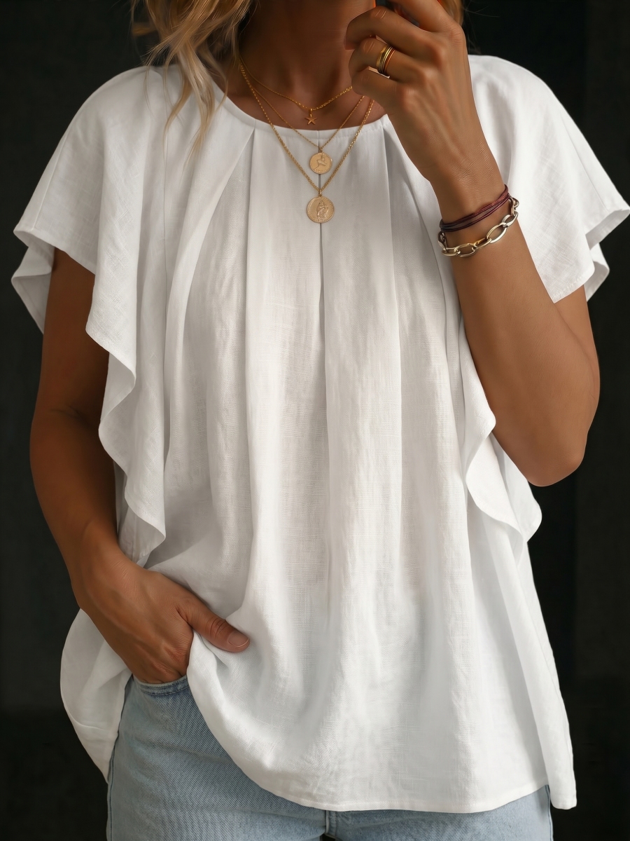 Neuheiten 🔥 Damen Baumwoll-Leinen-Shirt mit Rundhals und Flatterärmeln