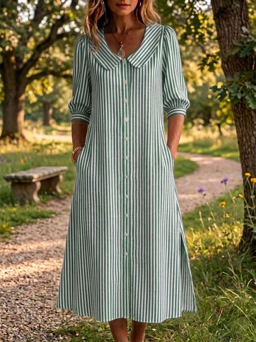 New Arrivals🔥Women's Peter Pan Collar Classic Stripe Print Cotton Linen Dress