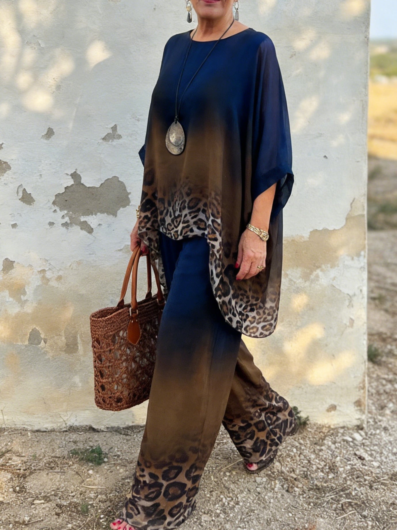 Women's Gradient Leopard Relaxed Two-Piece Set