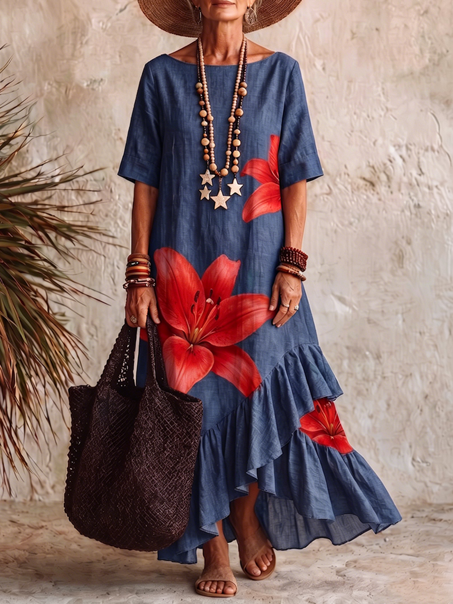 Women’s Cotton Linen Floral Maxi Dress