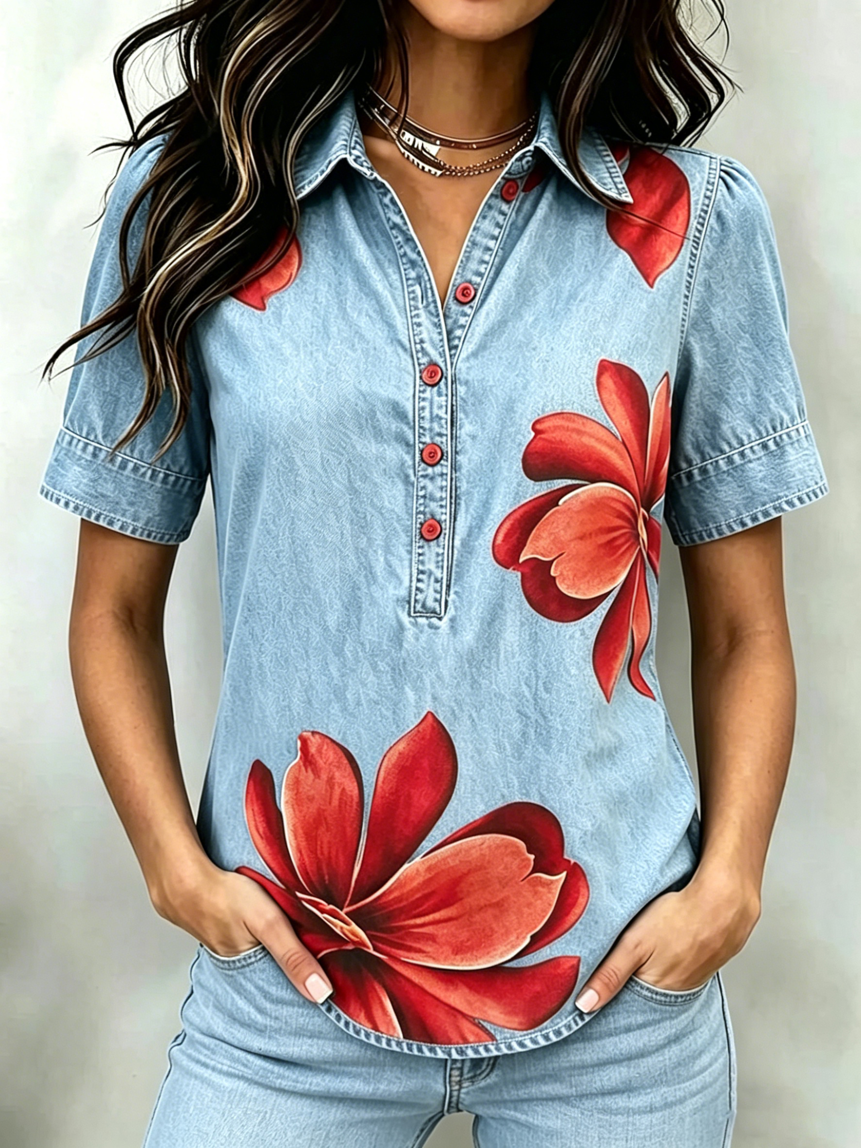Mother's Day Gift❤️Floral Denim Print Casual Blouse