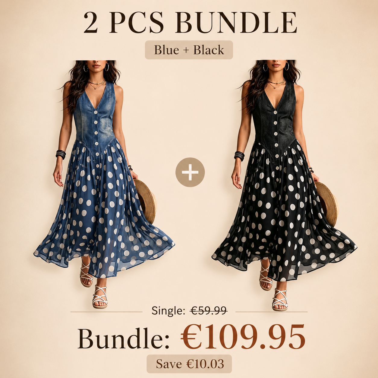 Retro-Maxikleid „Sienna“: Elegantes Denim-Optik Kleid mit Polka-Dot-Chiffonrock & Knopfleiste