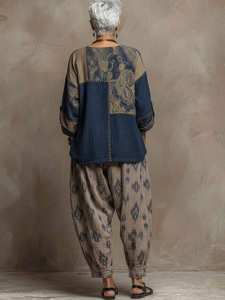 Boho Paisley-Muster Leinen- und Baumwoll-Zweiteiler: Oberteil und Hose