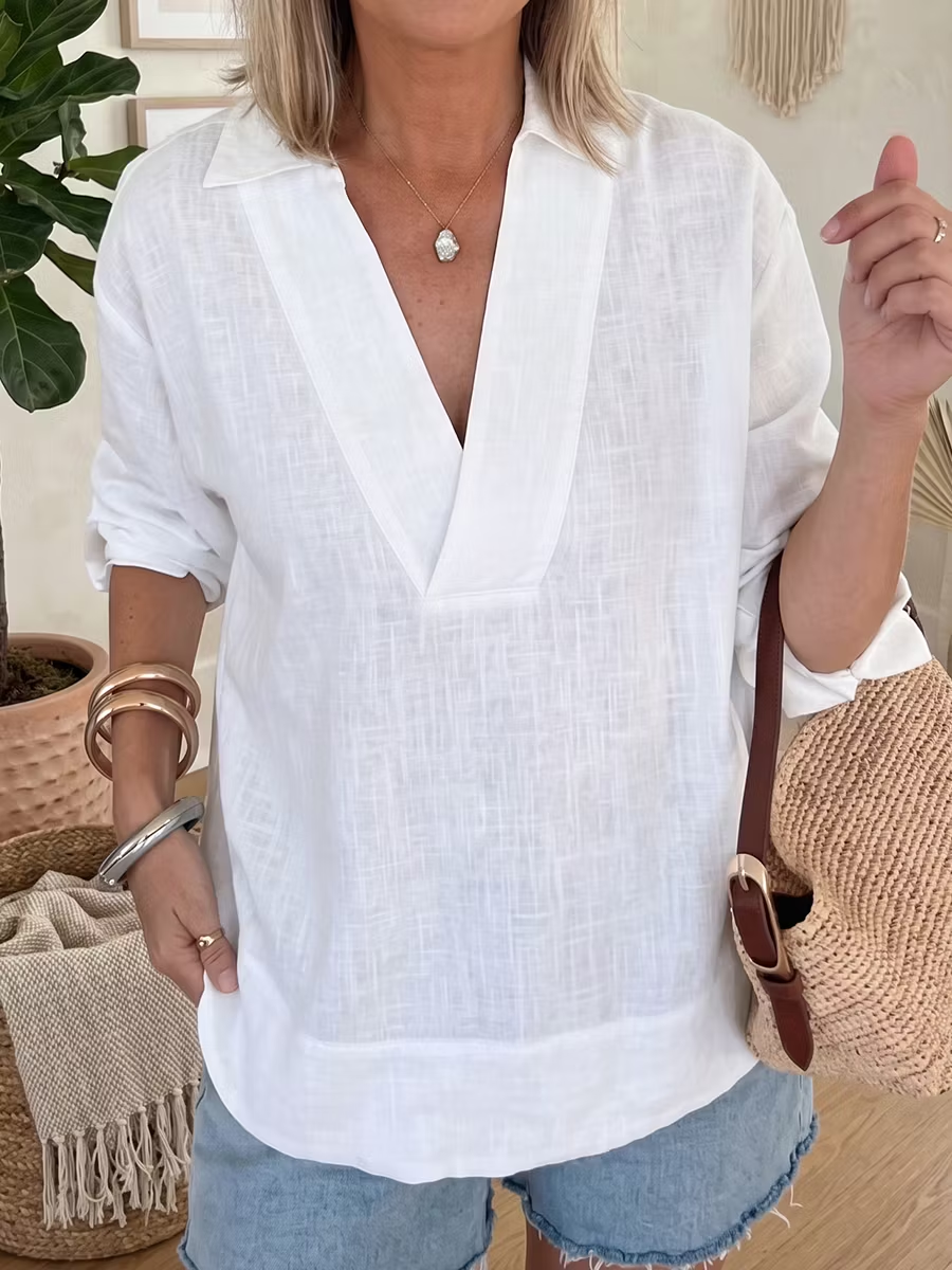 Women’s Cotton Linen V-Neck Loose Shirt