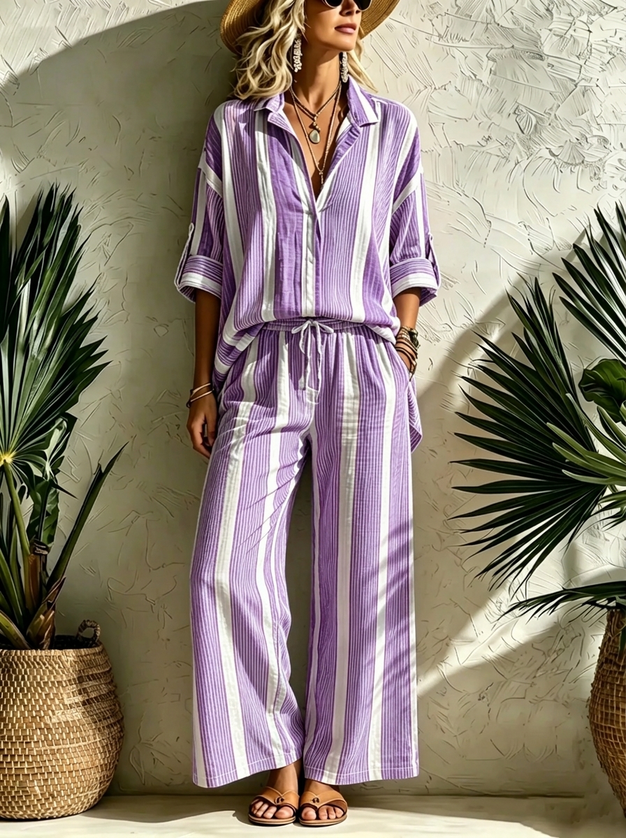 Women’s Breezy Textured Button-Down & Wide-Leg Pant Set