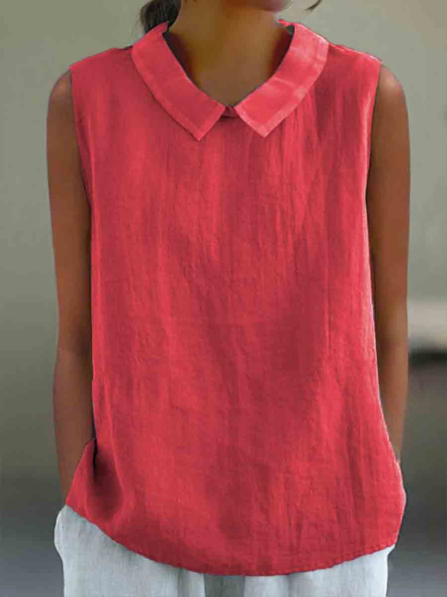 Lässiges Baumwoll-Leinen-Tanktop mit Bubikragen für Damen