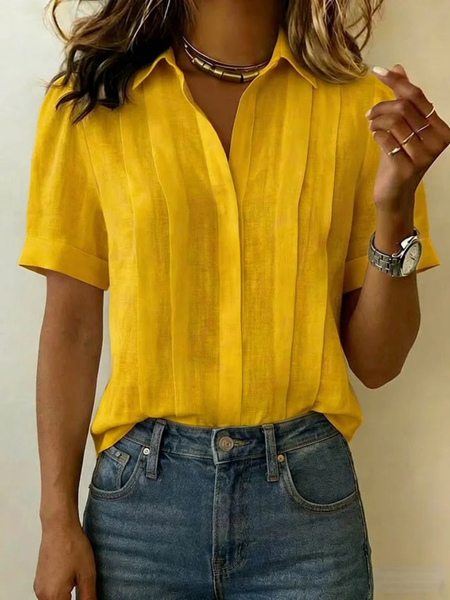 Mother's Day Gift❤️Women's Lapel Short-sleeved Casual Loose Pleated Cotton And Linen Shirt