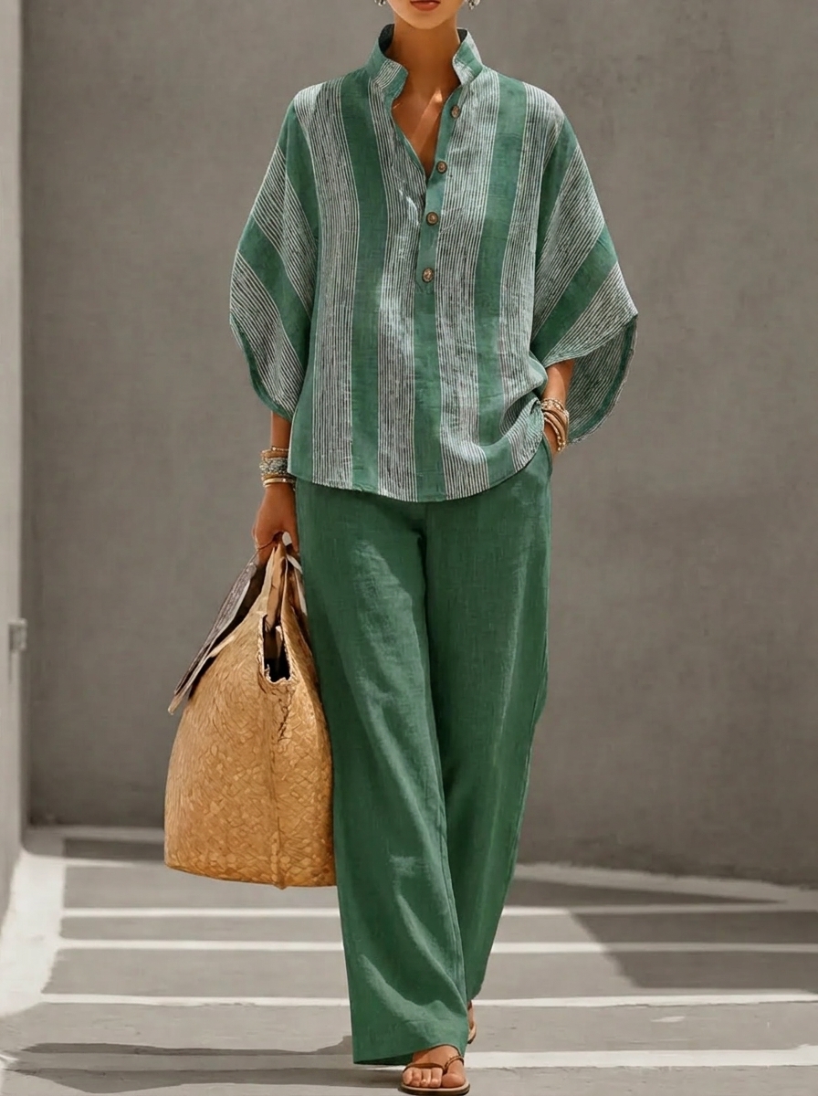Casual Striped Linen-cotton Top And Solid-color Trousers Two-piece Set
