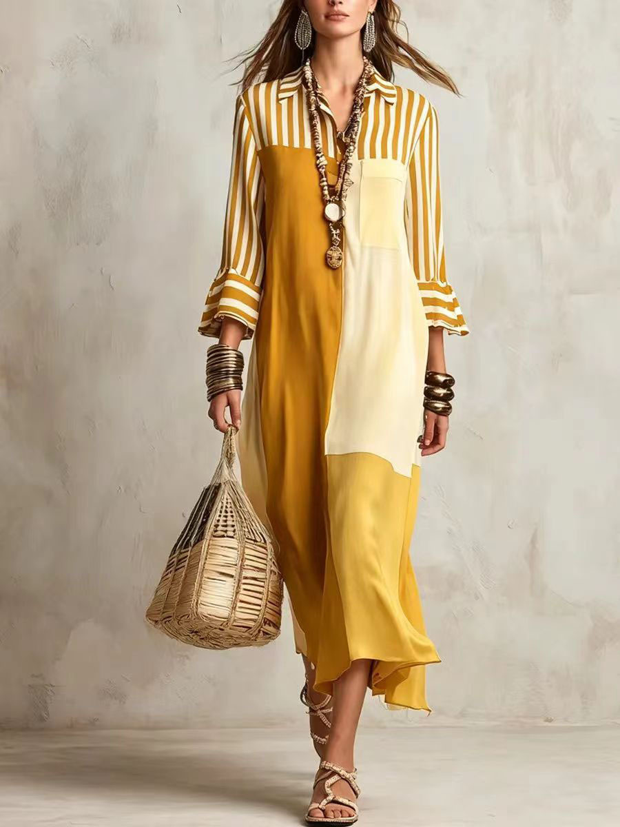 Mila™ Elegantes Boho-Maxikleid im Color-Block-Design – Luftiges Blusenkleid für den Sommer