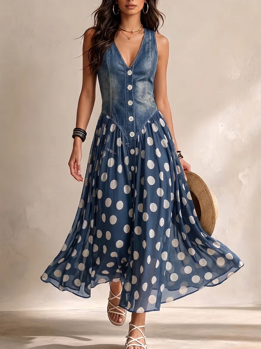 Retro-Maxikleid „Sienna“: Elegantes Denim-Optik Kleid mit Polka-Dot-Chiffonrock & Knopfleiste