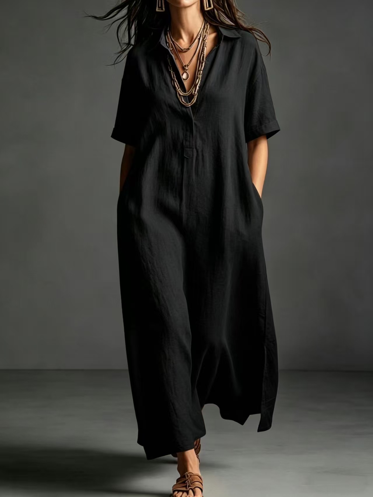 Premium Maxikleid mit V-Ausschnitt und Taschen