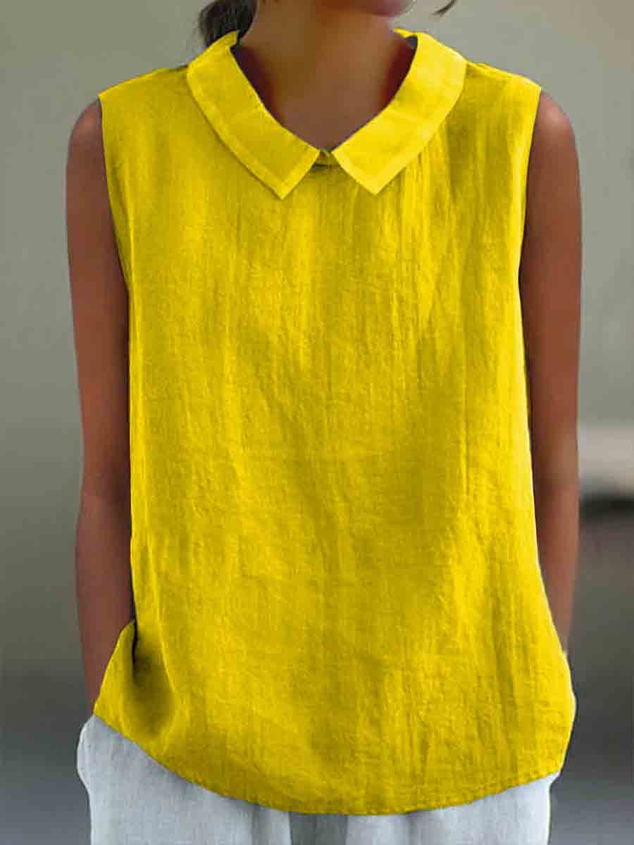 Lässiges Baumwoll-Leinen-Tanktop mit Bubikragen für Damen