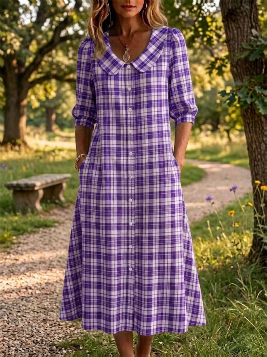 Mother's Day Gift❤️Cotton Linen Plaid Peter Pan Collar Midi Dress