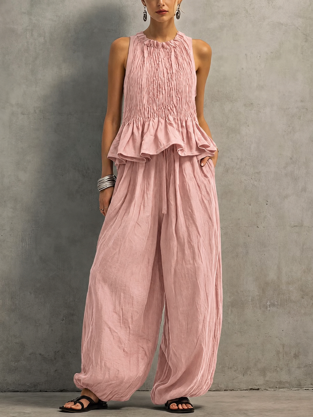 Women’s Cotton Linen Smocked Wide Leg Two-Piece Set
