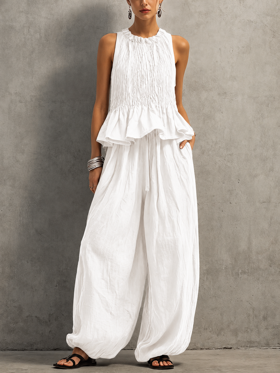 Women’s Cotton Linen Smocked Wide Leg Two-Piece Set