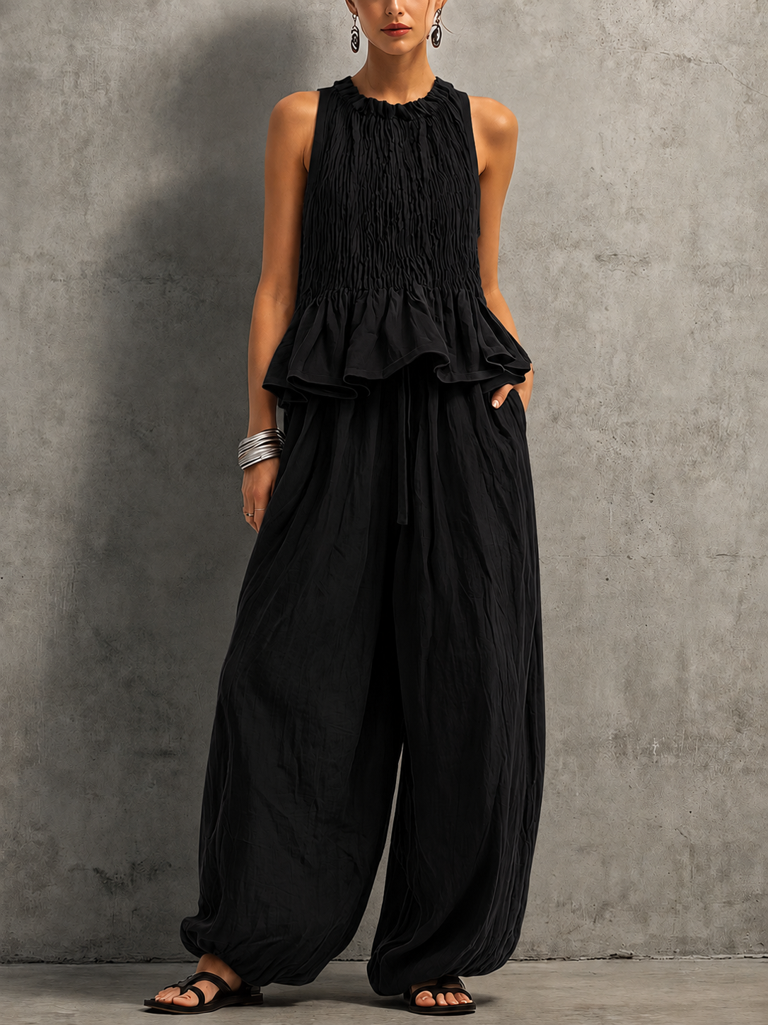 Women’s Cotton Linen Smocked Wide Leg Two-Piece Set