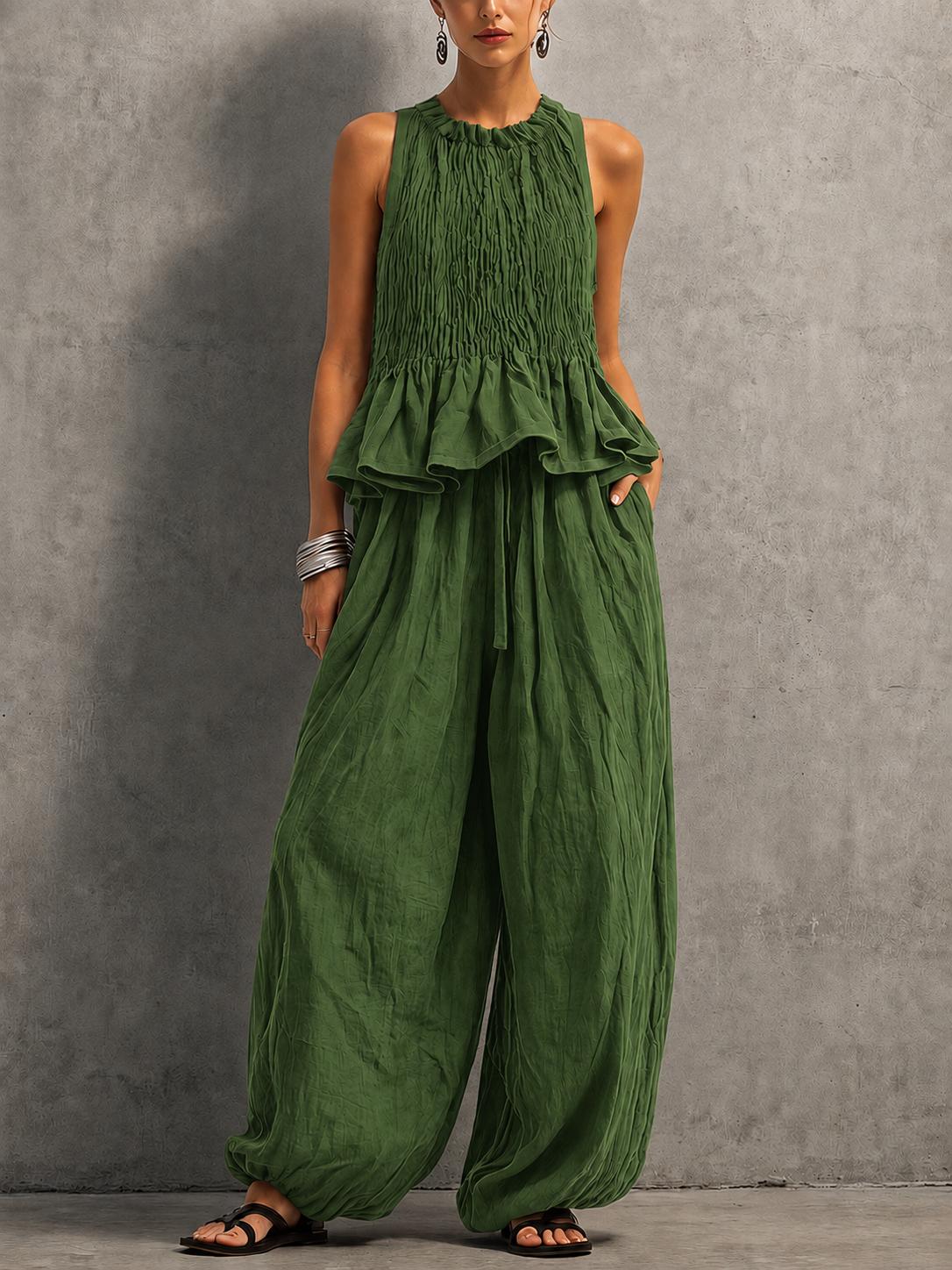 Women’s Cotton Linen Smocked Wide Leg Two-Piece Set