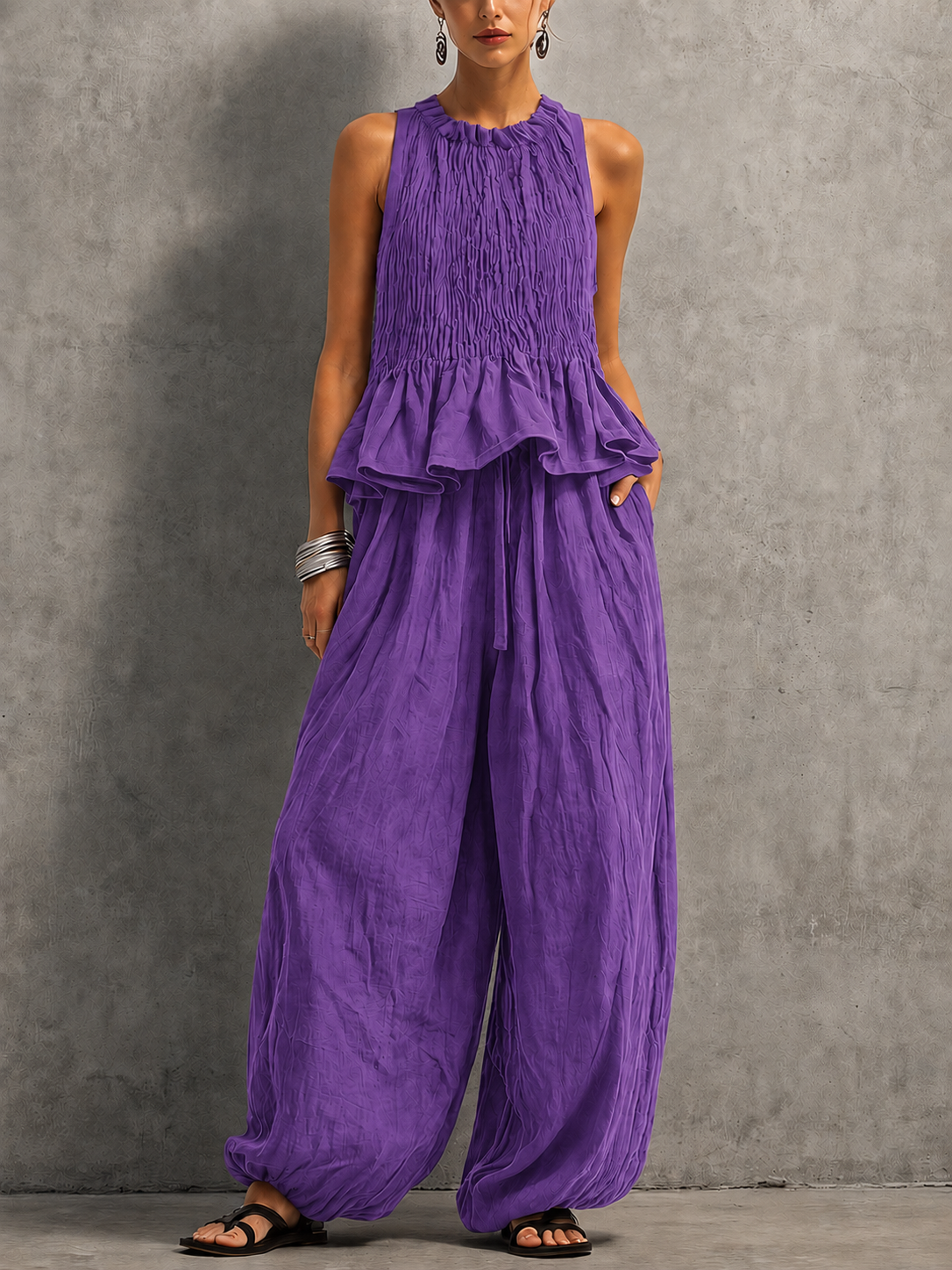 Women’s Cotton Linen Smocked Wide Leg Two-Piece Set