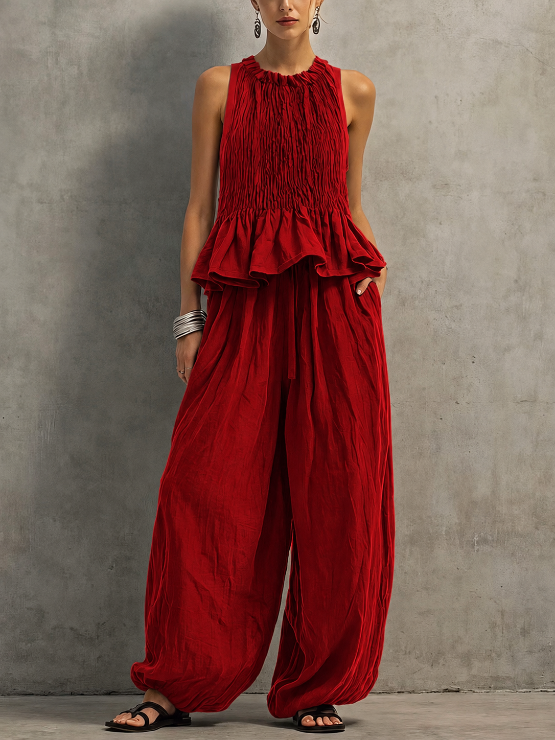 Women’s Cotton Linen Smocked Wide Leg Two-Piece Set