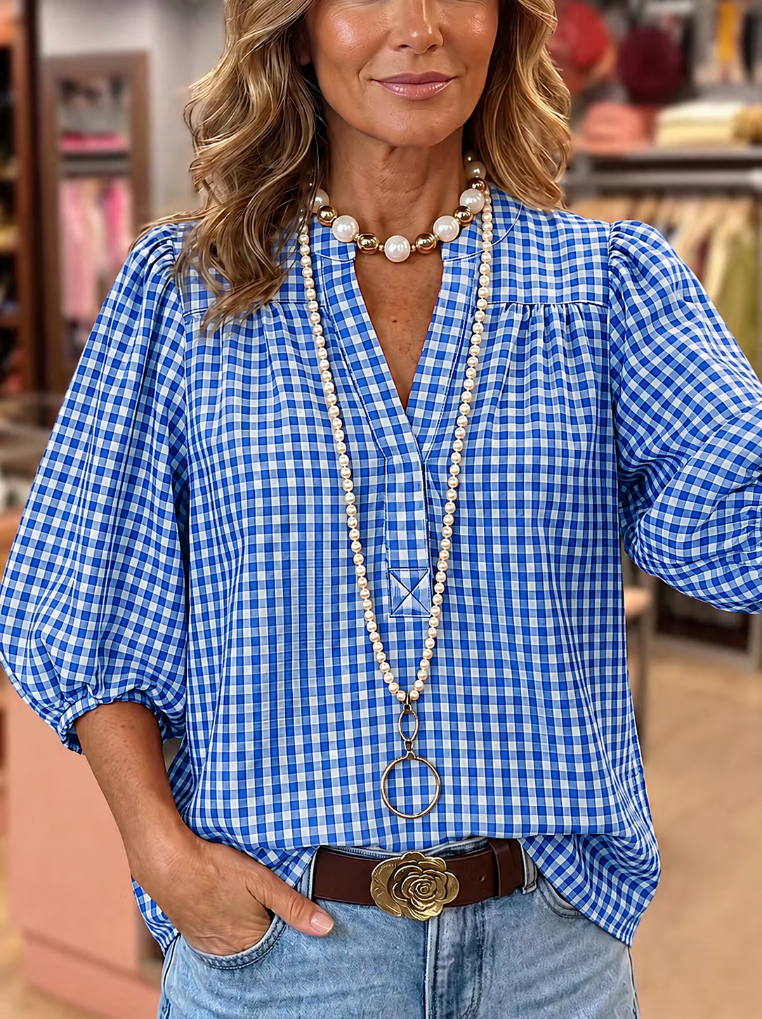 Women’s Cotton Blend Gingham Puff Sleeve Blouse