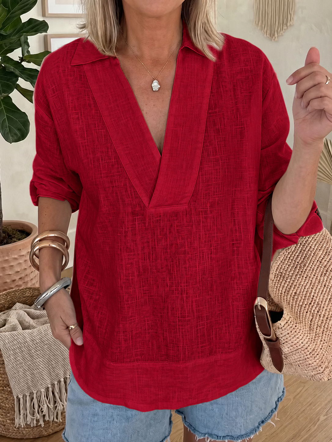 Women’s Cotton Linen V-Neck Loose Shirt