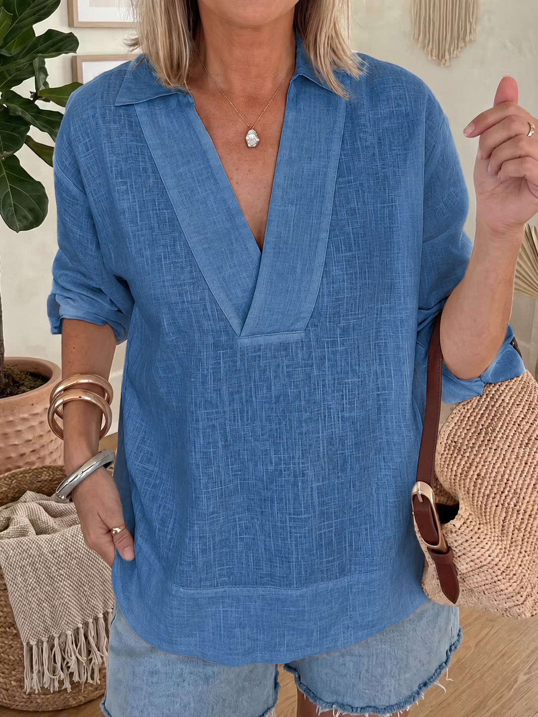 Women’s Cotton Linen V-Neck Loose Shirt