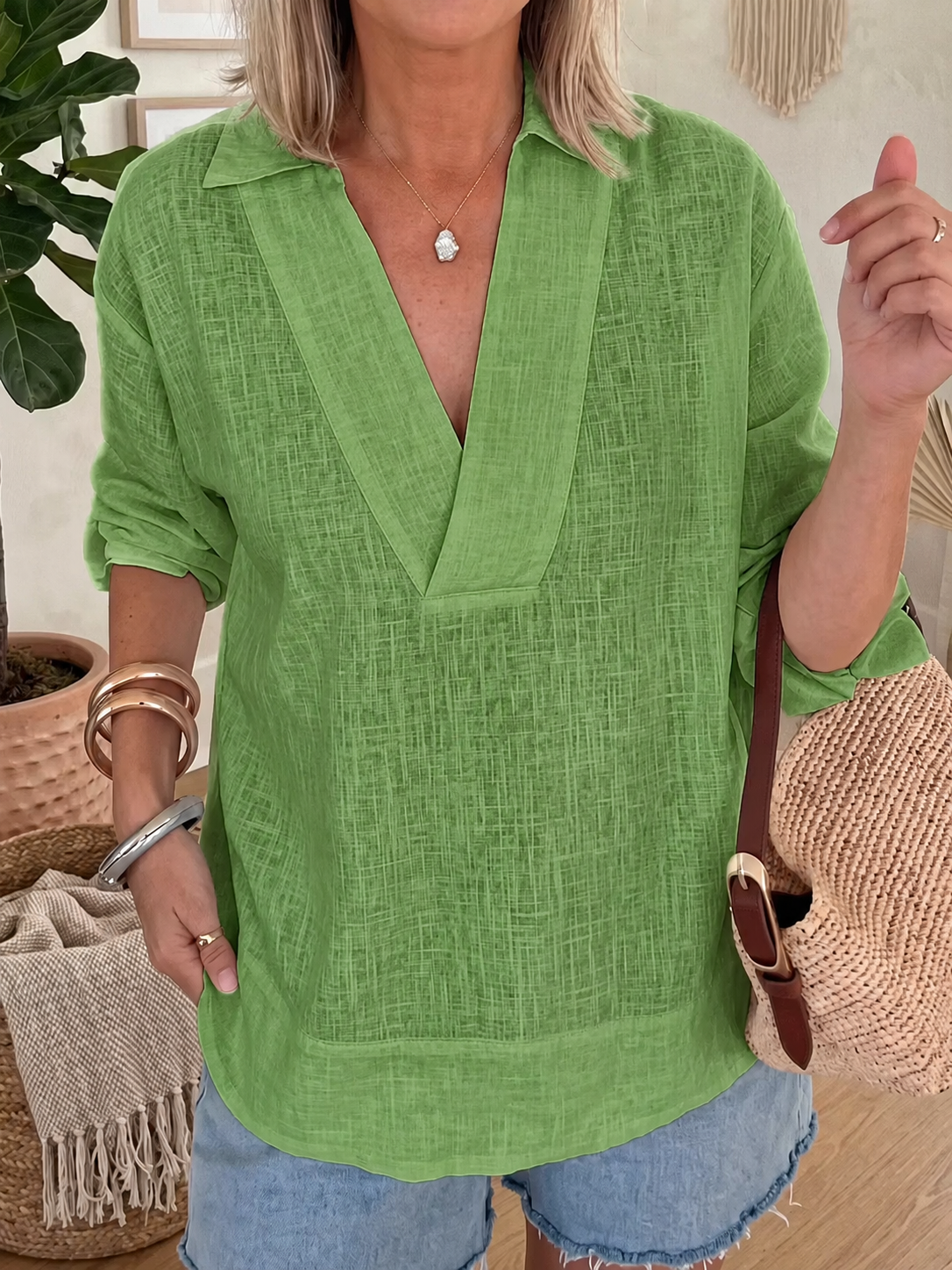 Women’s Cotton Linen V-Neck Loose Shirt