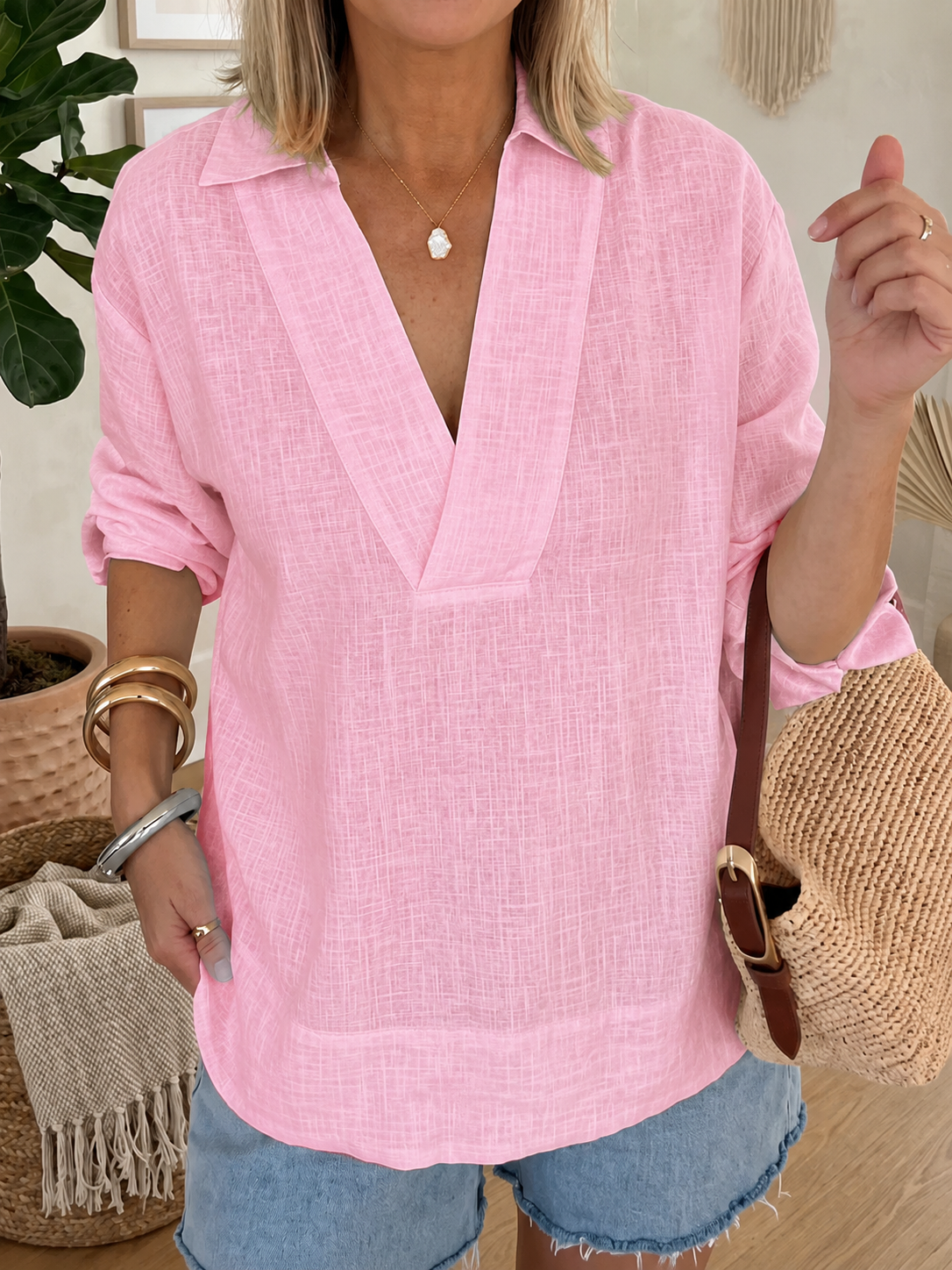 Women’s Cotton Linen V-Neck Loose Shirt