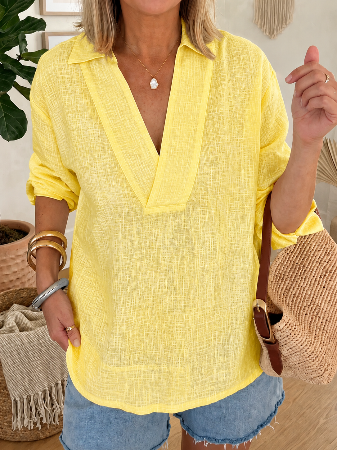 Women’s Cotton Linen V-Neck Loose Shirt