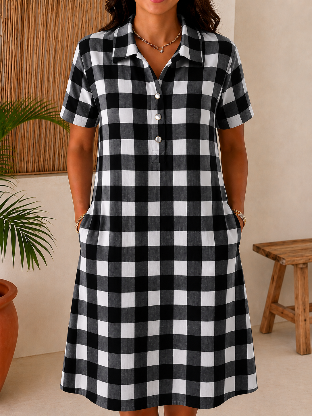 Women’s Cotton Blend Gingham Pocket Midi Dress