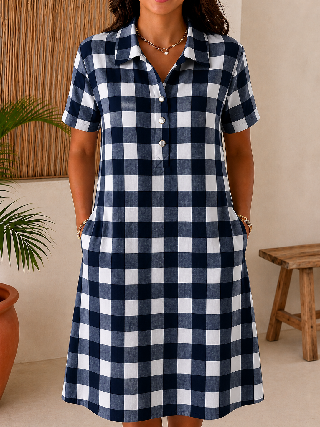 Women’s Cotton Blend Gingham Pocket Midi Dress