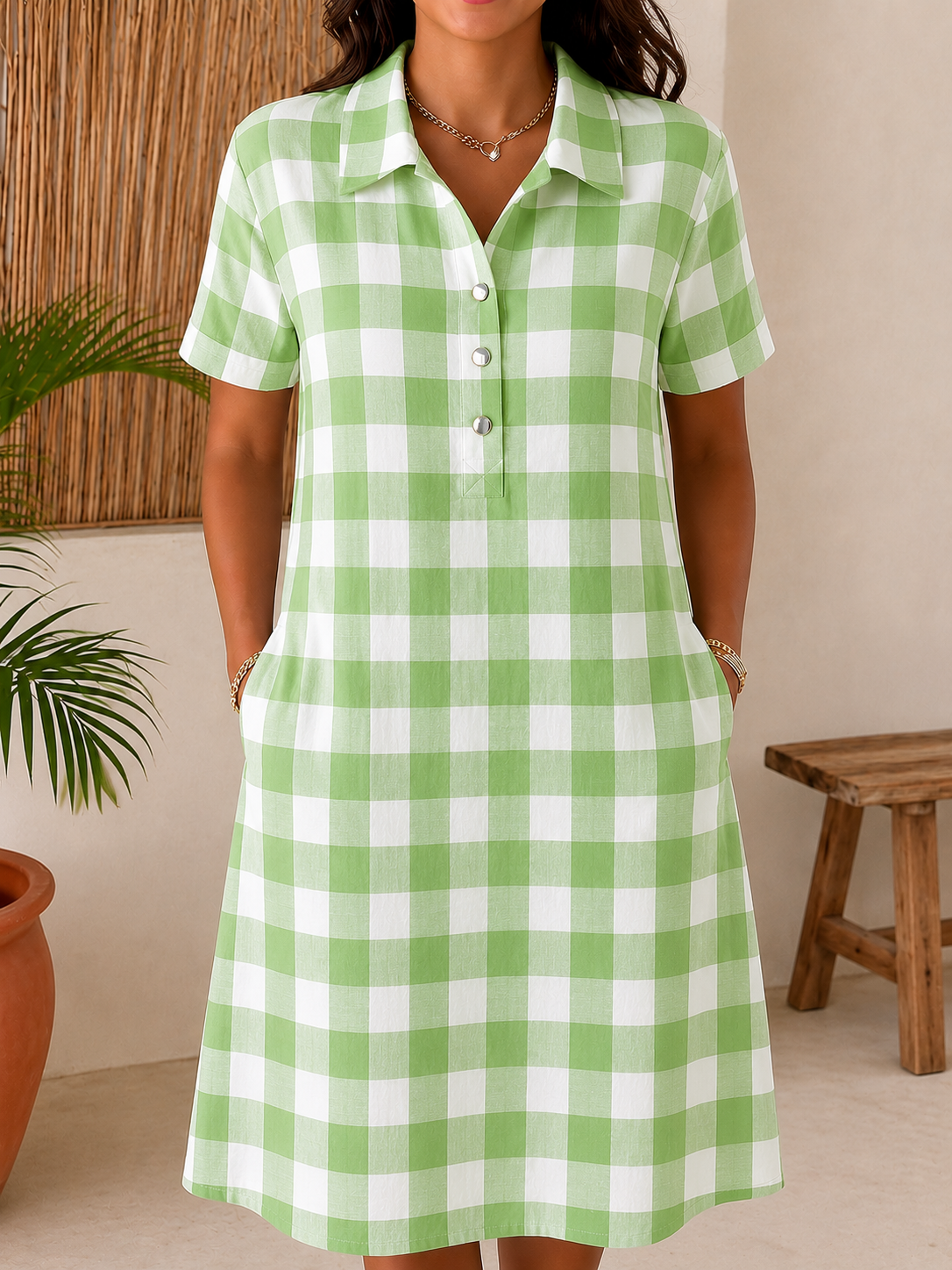 Women’s Cotton Blend Gingham Pocket Midi Dress