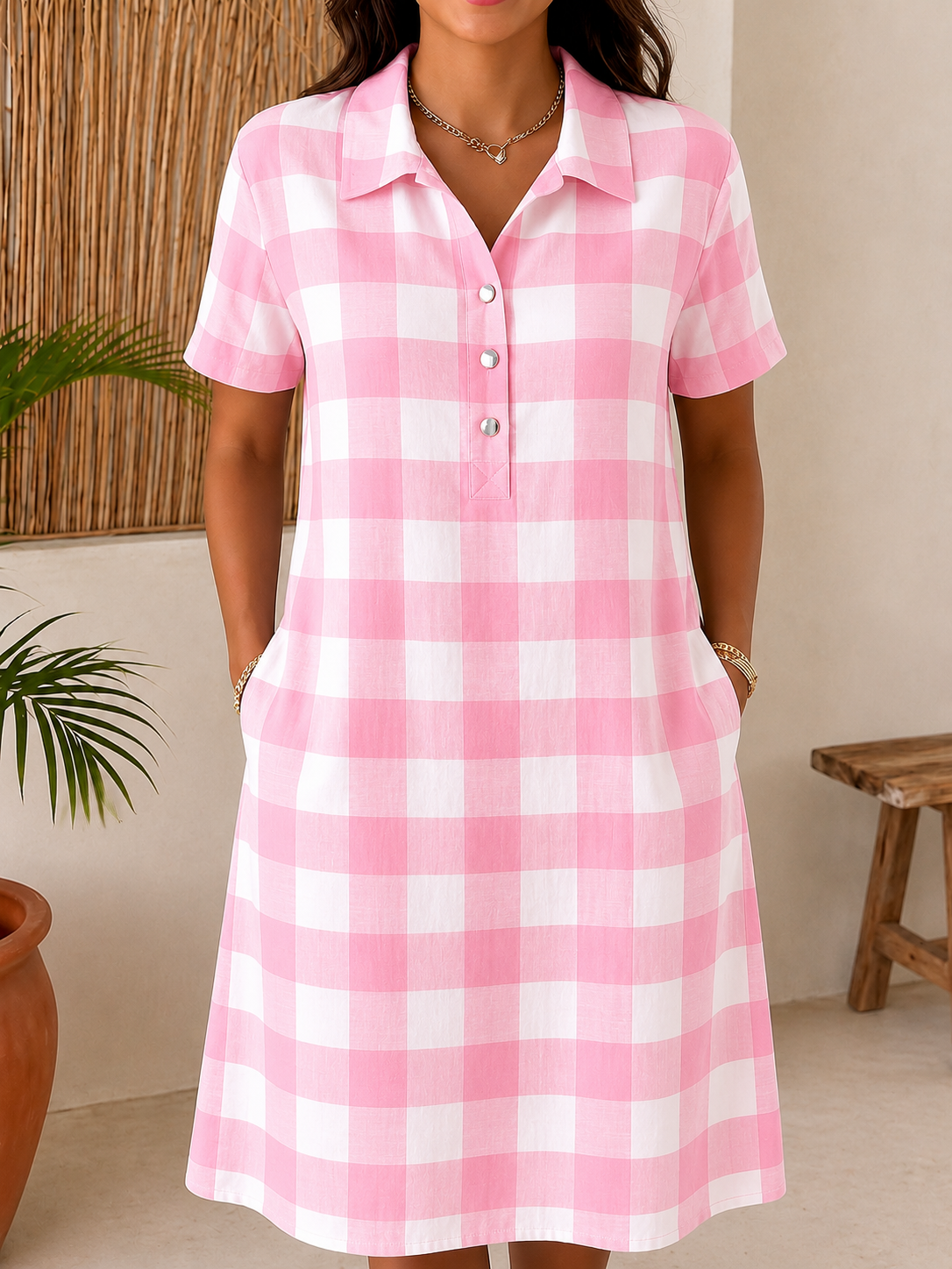 Women’s Cotton Blend Gingham Pocket Midi Dress