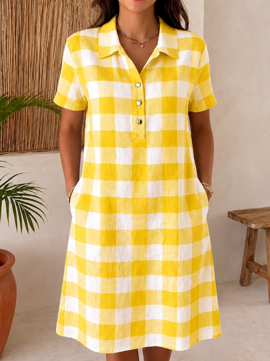 Women’s Cotton Blend Gingham Pocket Midi Dress