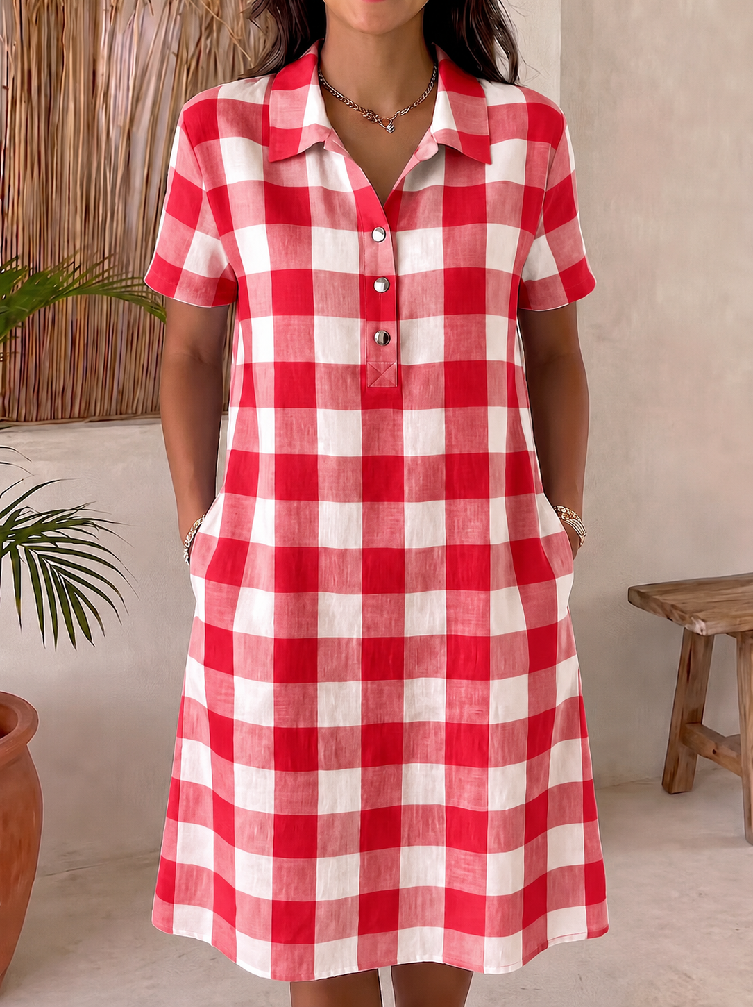 Women’s Cotton Blend Gingham Pocket Midi Dress