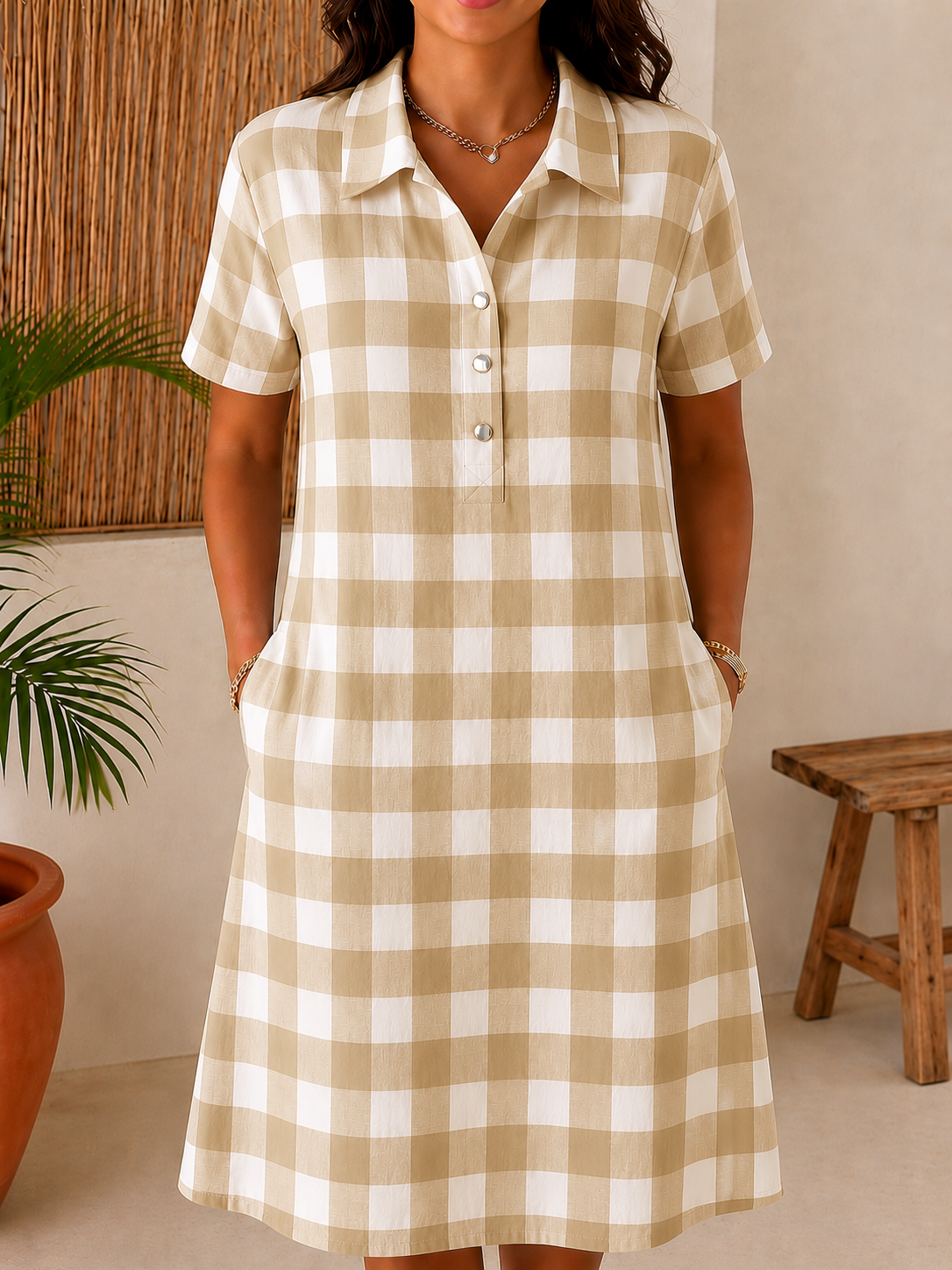 Women’s Cotton Blend Gingham Pocket Midi Dress