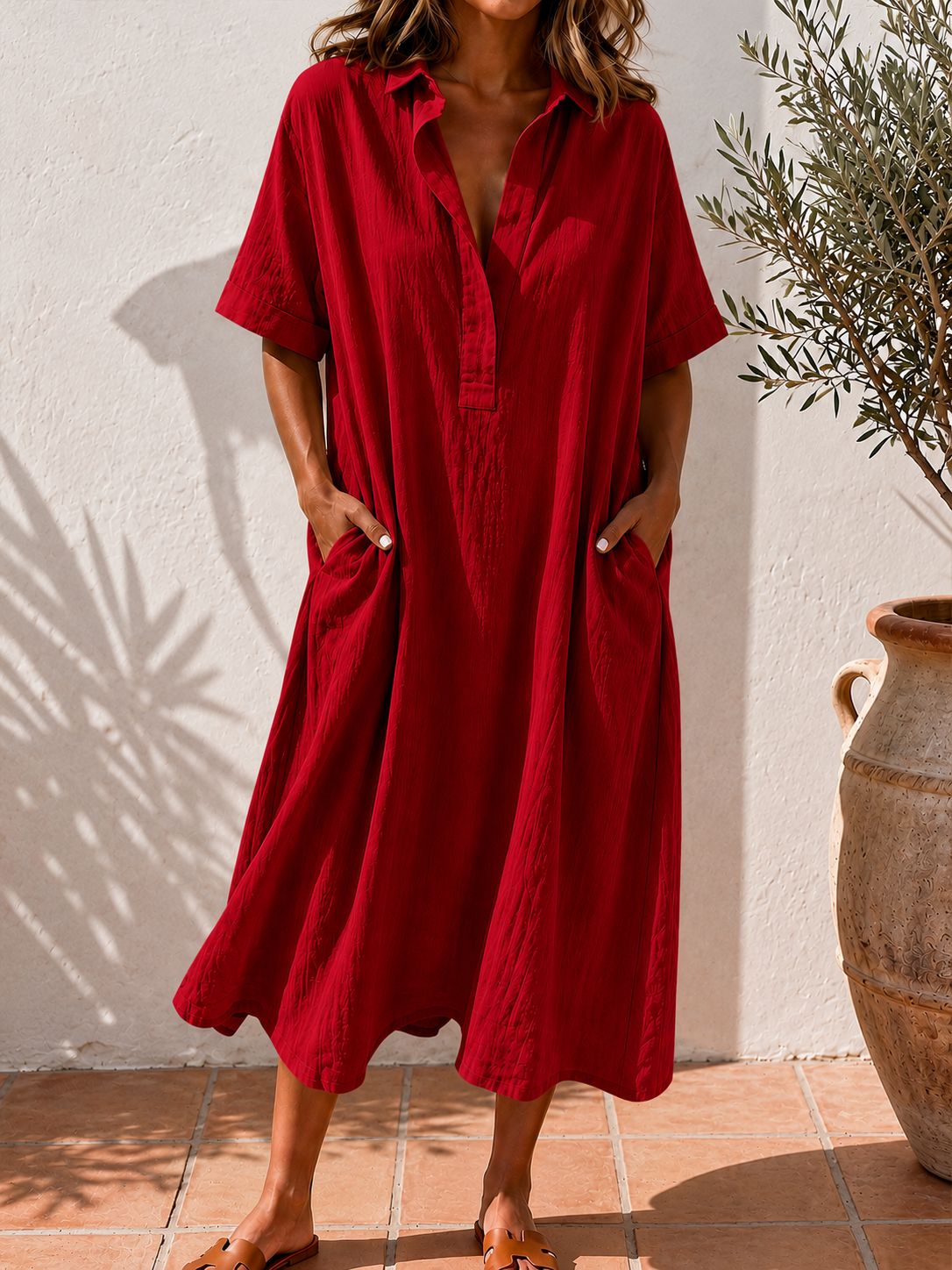 Women’s Cotton Linen V-Neck Pocket Midi Dress