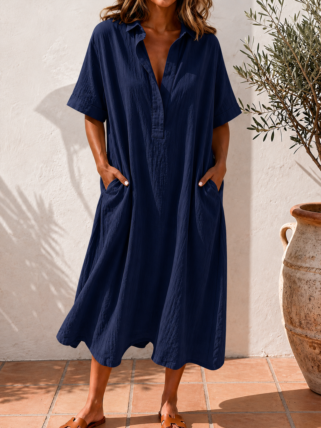 Women’s Cotton Linen V-Neck Pocket Midi Dress