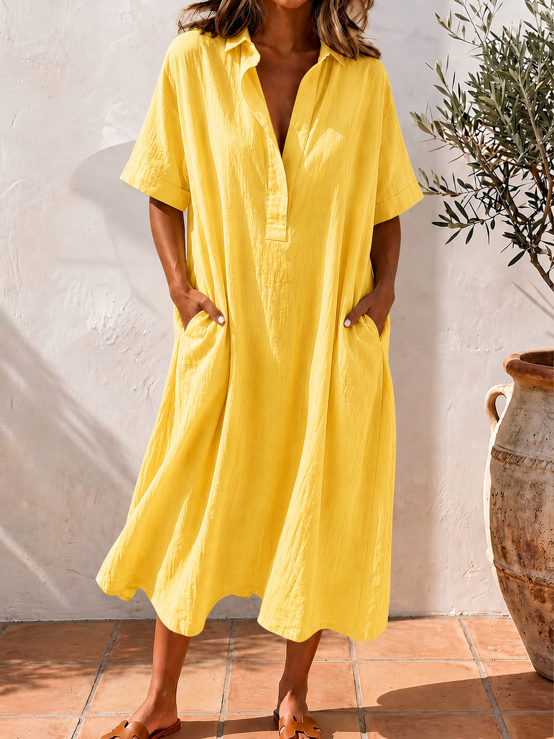 Women’s Cotton Linen V-Neck Pocket Midi Dress