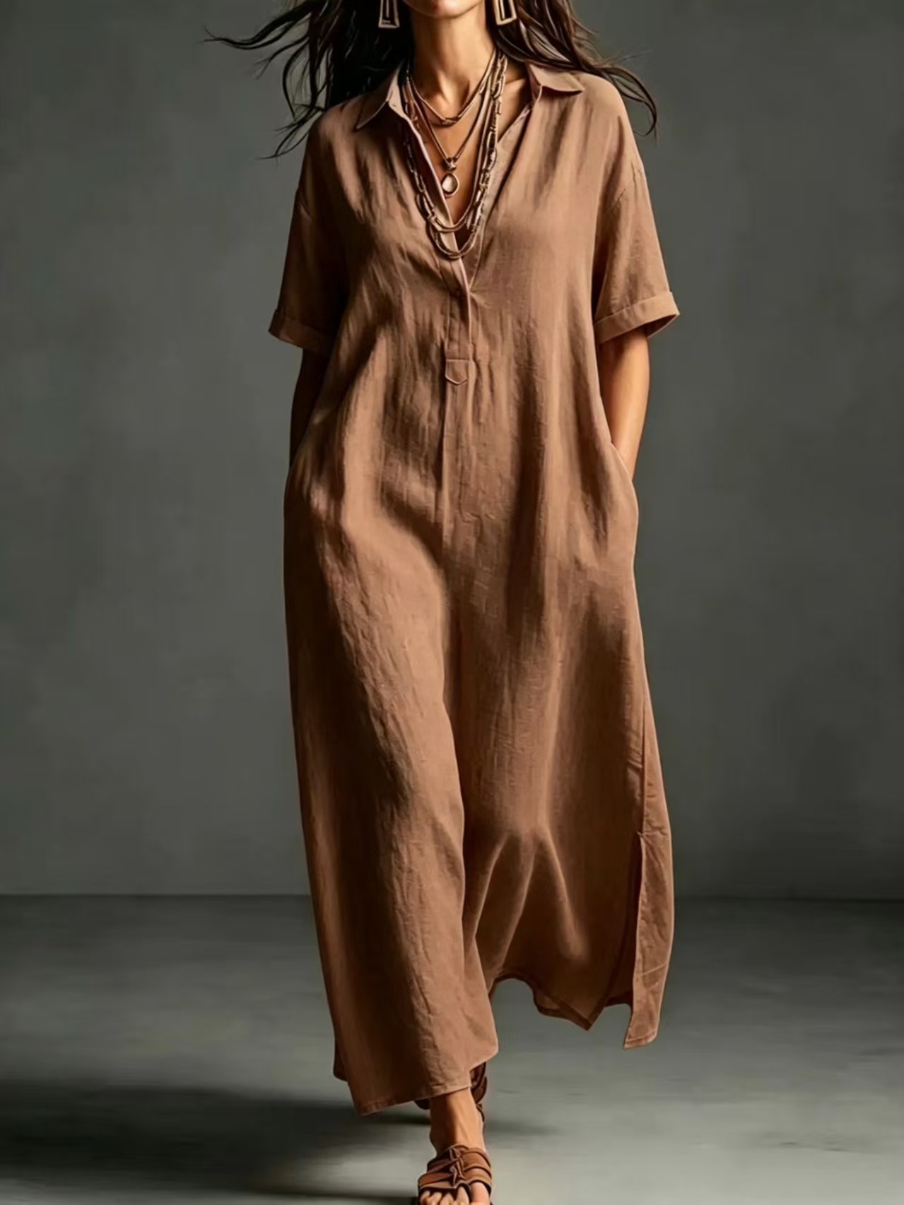 Premium Maxikleid mit V-Ausschnitt und Taschen