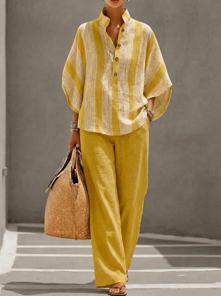 Casual Striped Linen-cotton Top And Solid-color Trousers Two-piece Set