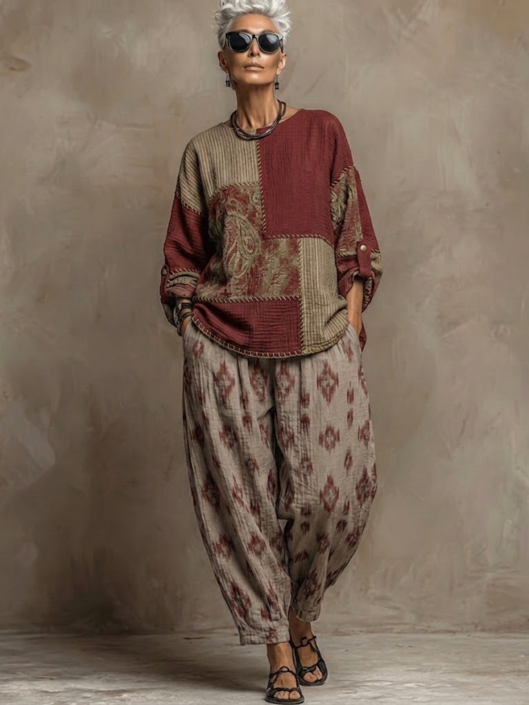 Boho Paisley-Muster Leinen- und Baumwoll-Zweiteiler: Oberteil und Hose
