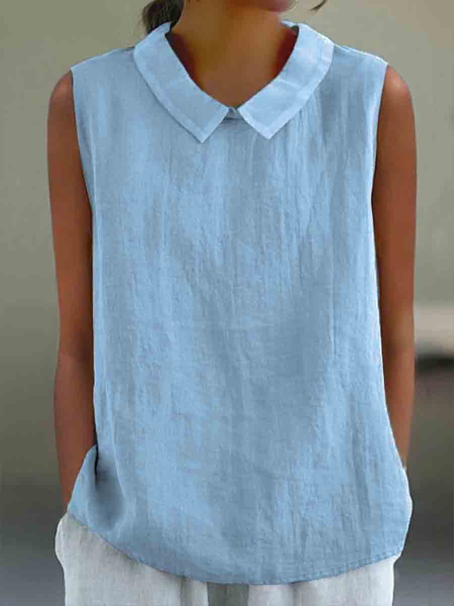 Lässiges Baumwoll-Leinen-Tanktop mit Bubikragen für Damen
